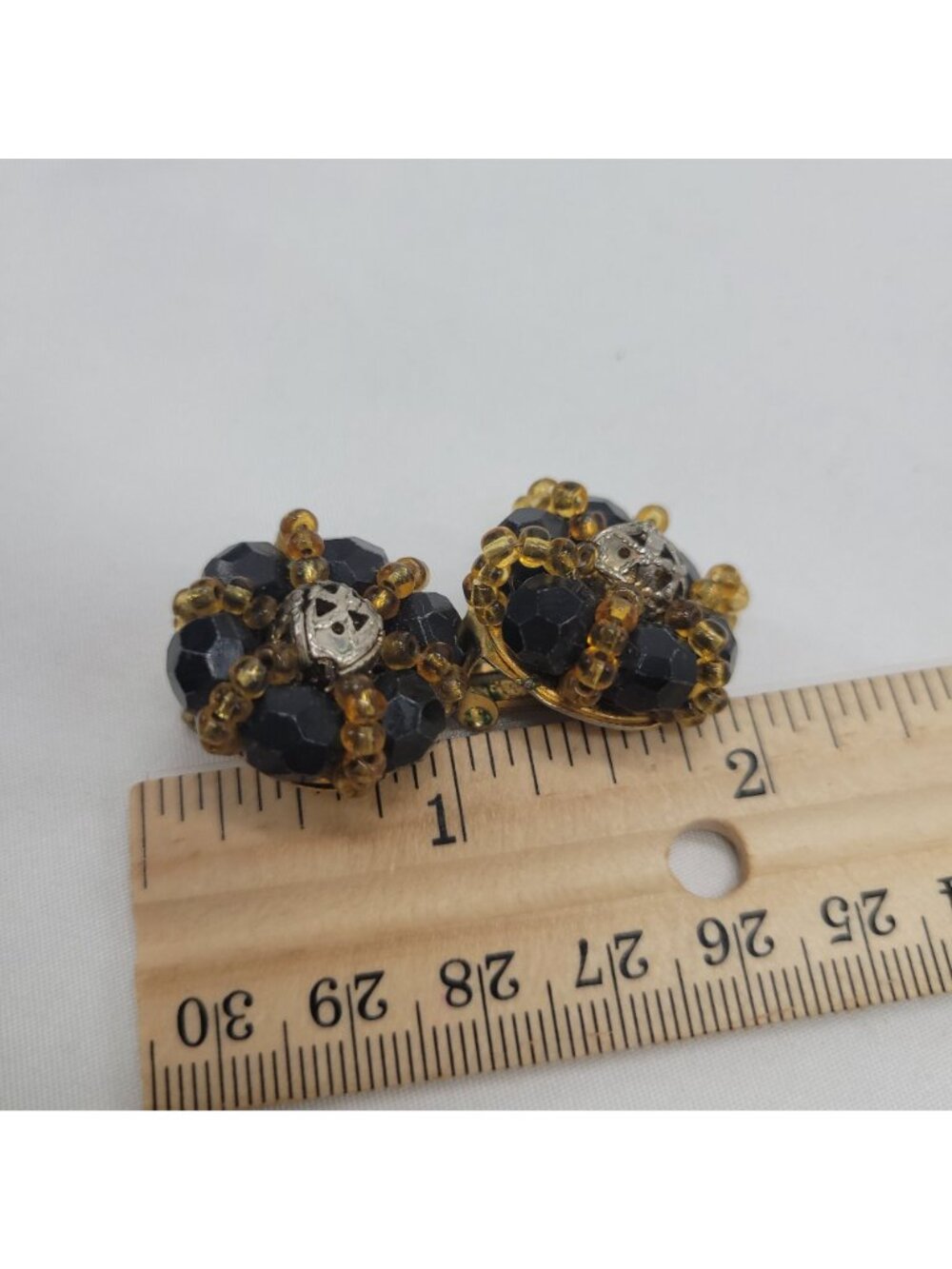 Vintage Black & Amber Beaded Clip-On Earrings Gold-Tone Backing Retro Jewelry - Picture 2 of 9